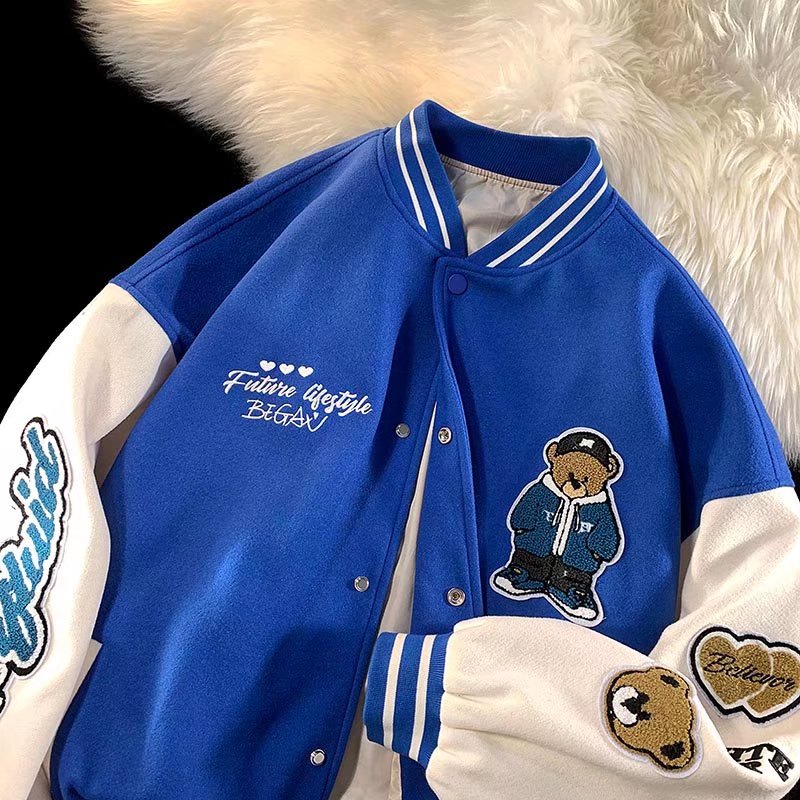 Áo Khoác bomber Màu Xanh Lá Thêu Họa Tiết Phong Cách Hàn Quốc plus size M-3XL retro áo bomber nỉ nam simple áo varsity jacket from rộng varsity jacket bomber