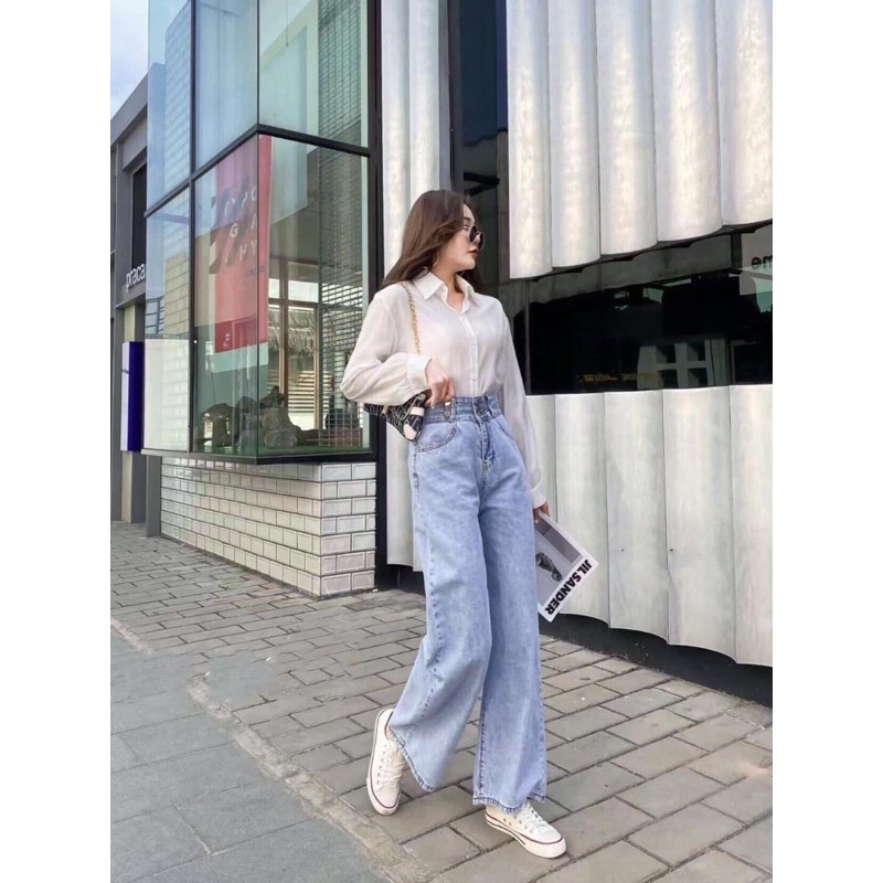 Quần Jeans Ống Rộng🌸 Quần Bò Nữ Ống Rộng Cạp Cao Trơn Basic 6 Khuy