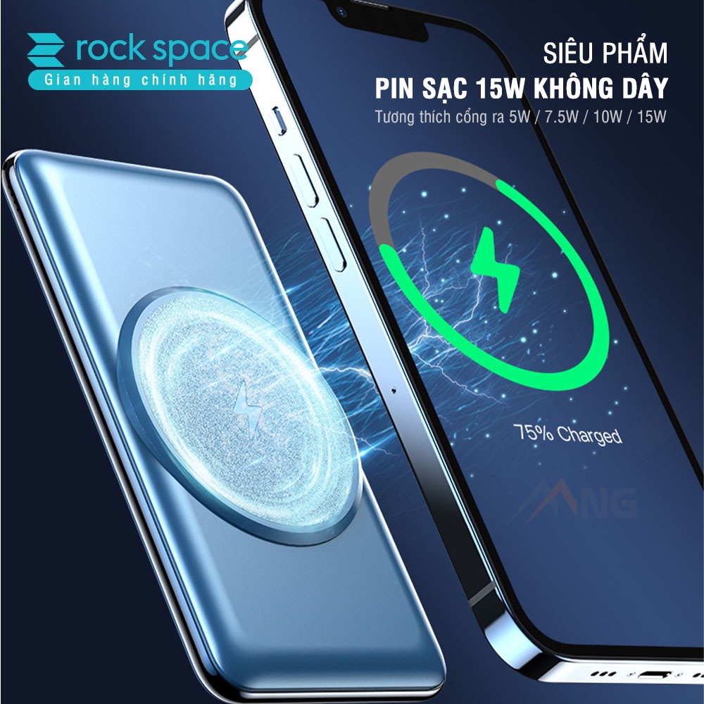 Pin sạc dự phòng không dây Rockspace P88 sạc nhanh PD 20W dung lượng 10000mAh, sạc nhanh cho ip12, ip13 Hàng chính hãng