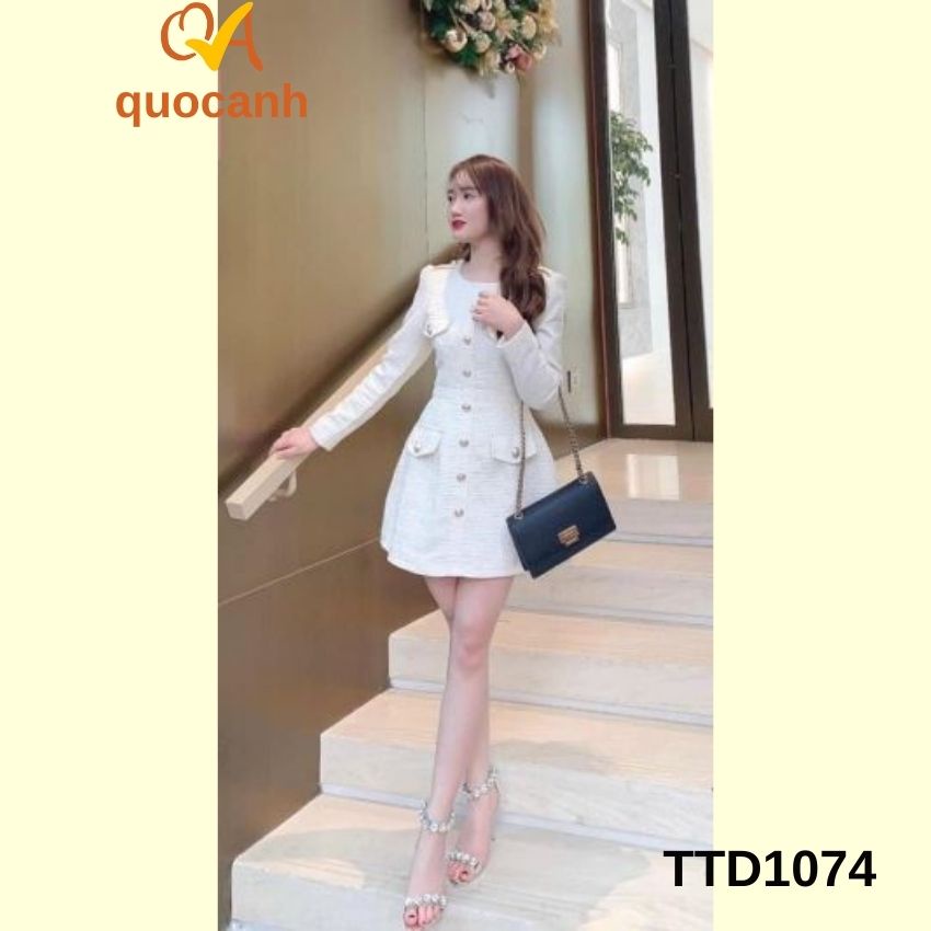 Đầm Váy nữ trắng sang chảnh dạo phố, công sở Quocanh, tay dài phối với nút, chất liệu mango