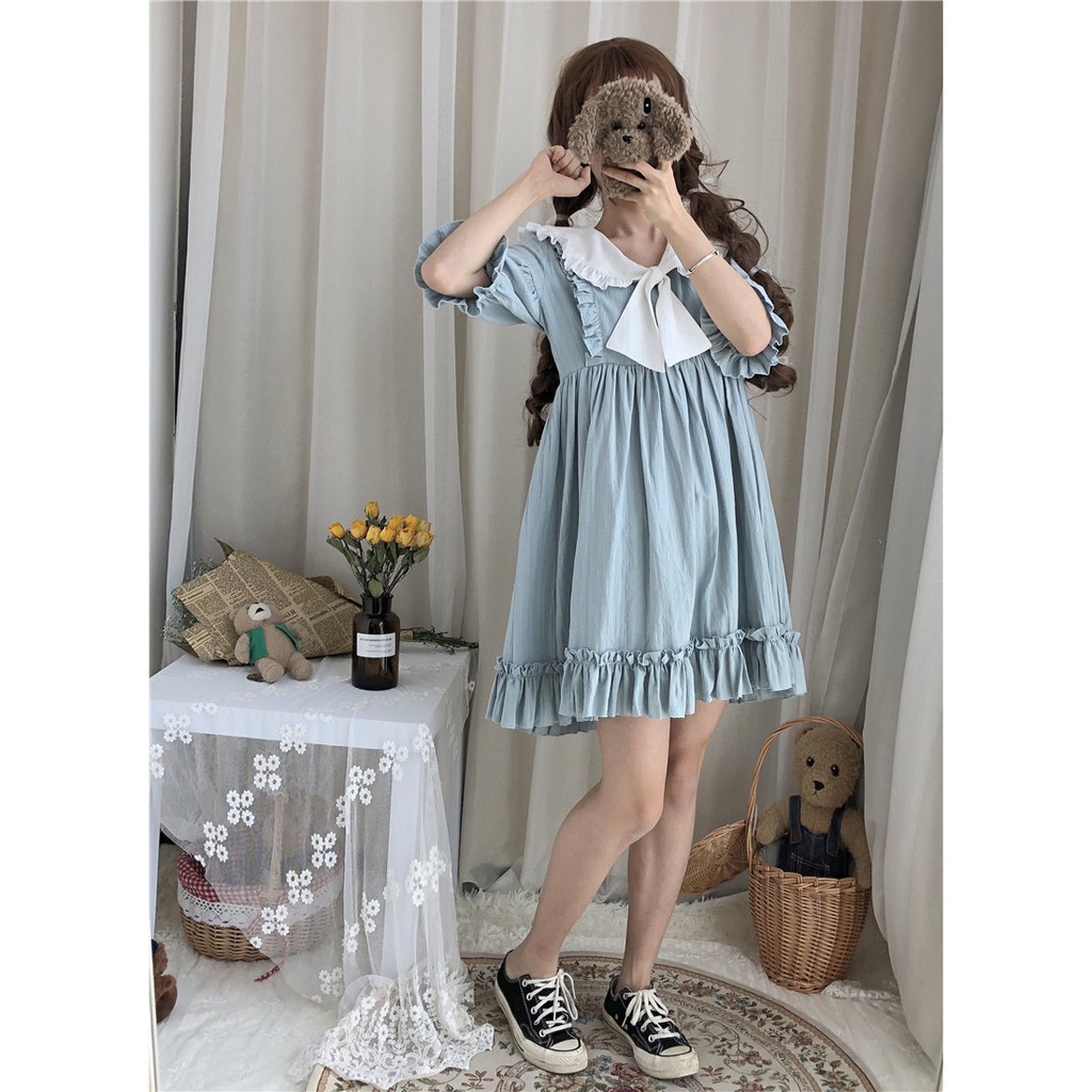 Đầm baby doll tay ngắn tay áo lồng đèn thắt nơ ulzzang ( 2 màu )