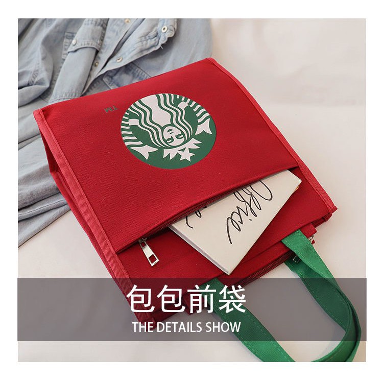 STARBUCKS  Hàng Có Sẵn Túi Tote Canvas / Túi Đựng Cơm Trưa / Túi Xách Vải Bạt Xách Tay Đơn Giản Cho Học Sinh