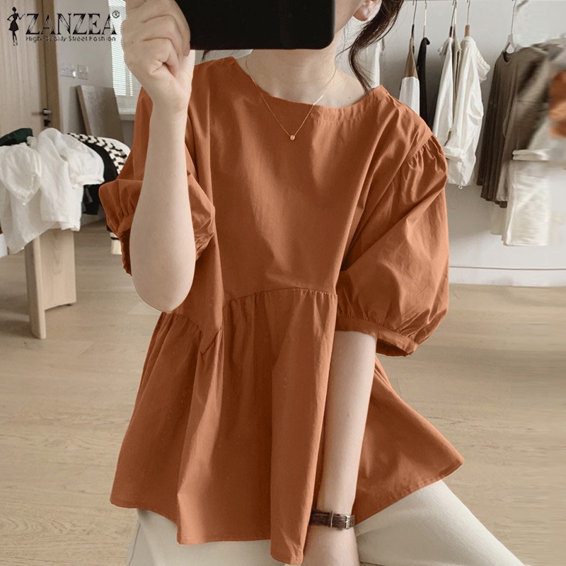 Zanzea Áo Cotton Tay Phồng Màu Trơn Thời Trang Dành Cho Nữ