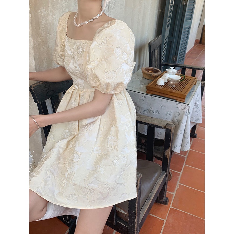 Đầm tay phồng cổ vuông hở lưng kiểu Pháp thời trang mùa hè cho nữ