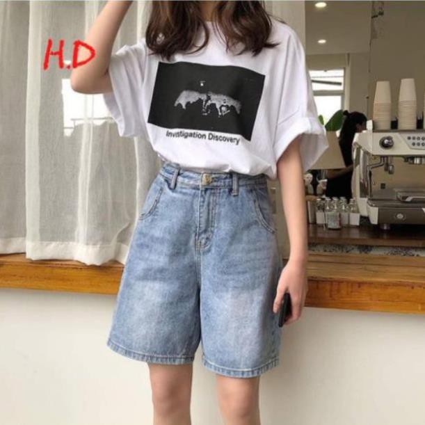 Sét quần sooc bò ngố + áo thun tay lỡ trắng in đen