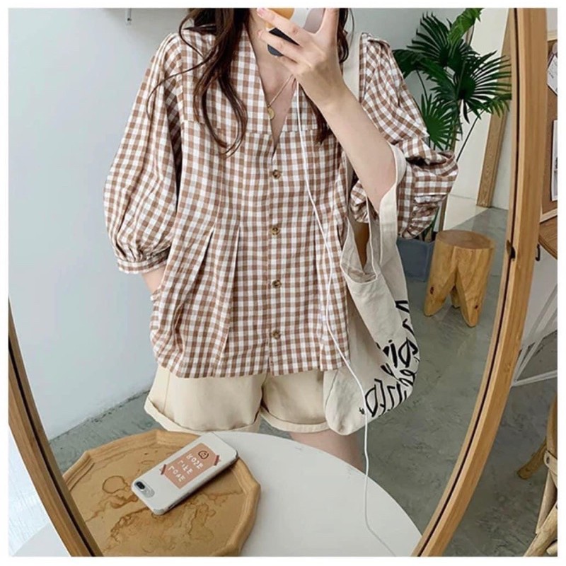 Set ulzzang áo bbd caro kèm quần đùi kaki