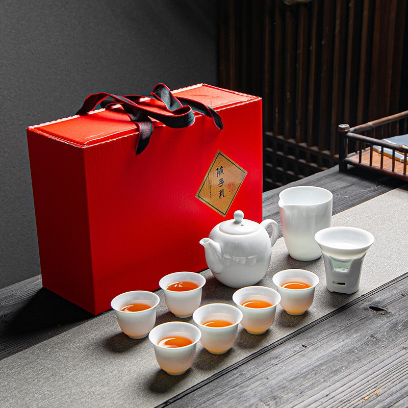 Bộ ấm chén pha trà đạo bằng sứ Bạch Định Thấu Quang