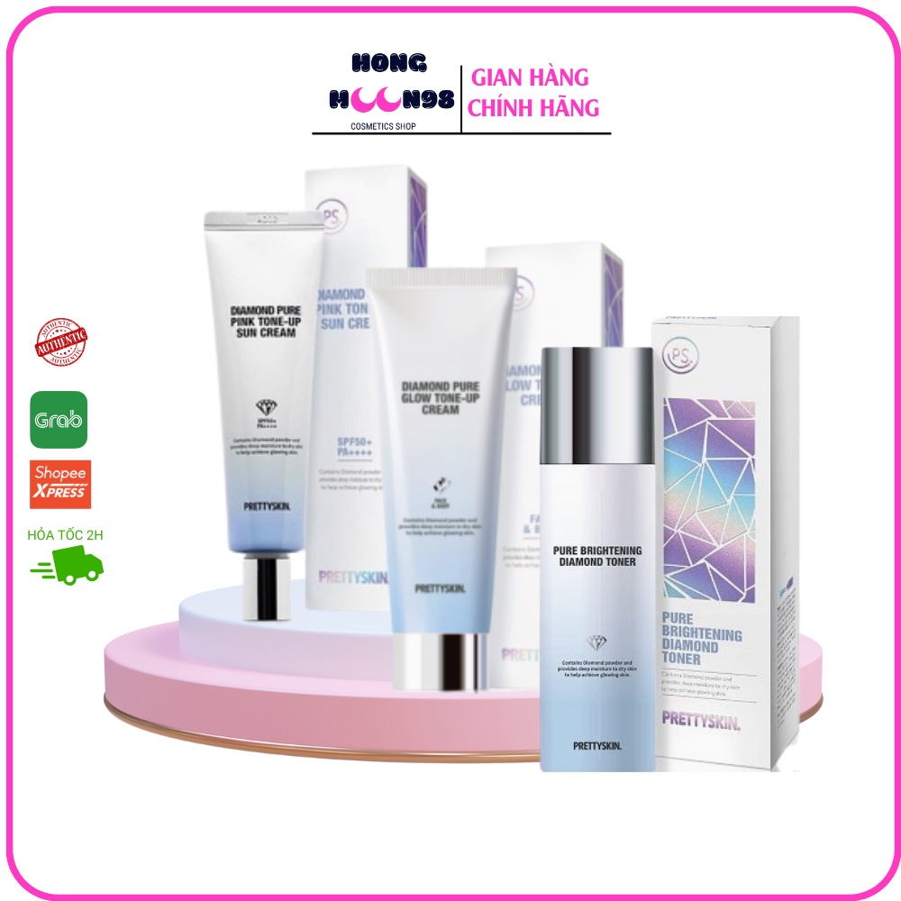 Bộ Chăm sóc da Diamond PRETTYSKIN gồm kem dưỡng trắng da, toner, kem chống nắng HONGMOON98 SHOP