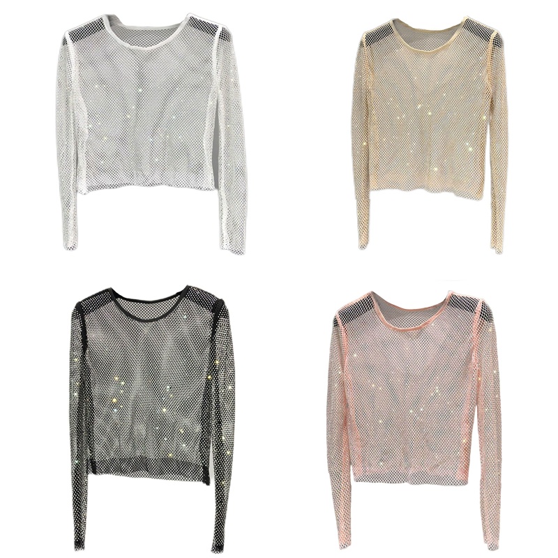 Áo Lưới Tay Dài Đính Đá Lấp Lánh Quyến Rũ Cho Nữ