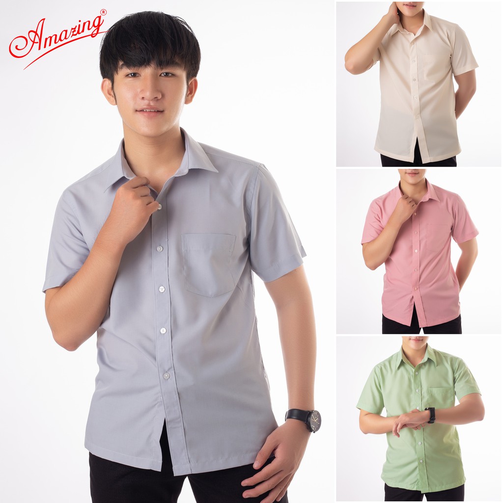 Áo sơ mi nam Amazing, tay ngắn, vạt ngang, form body, vải KT silk màu trơn mượt mà, thoáng mát