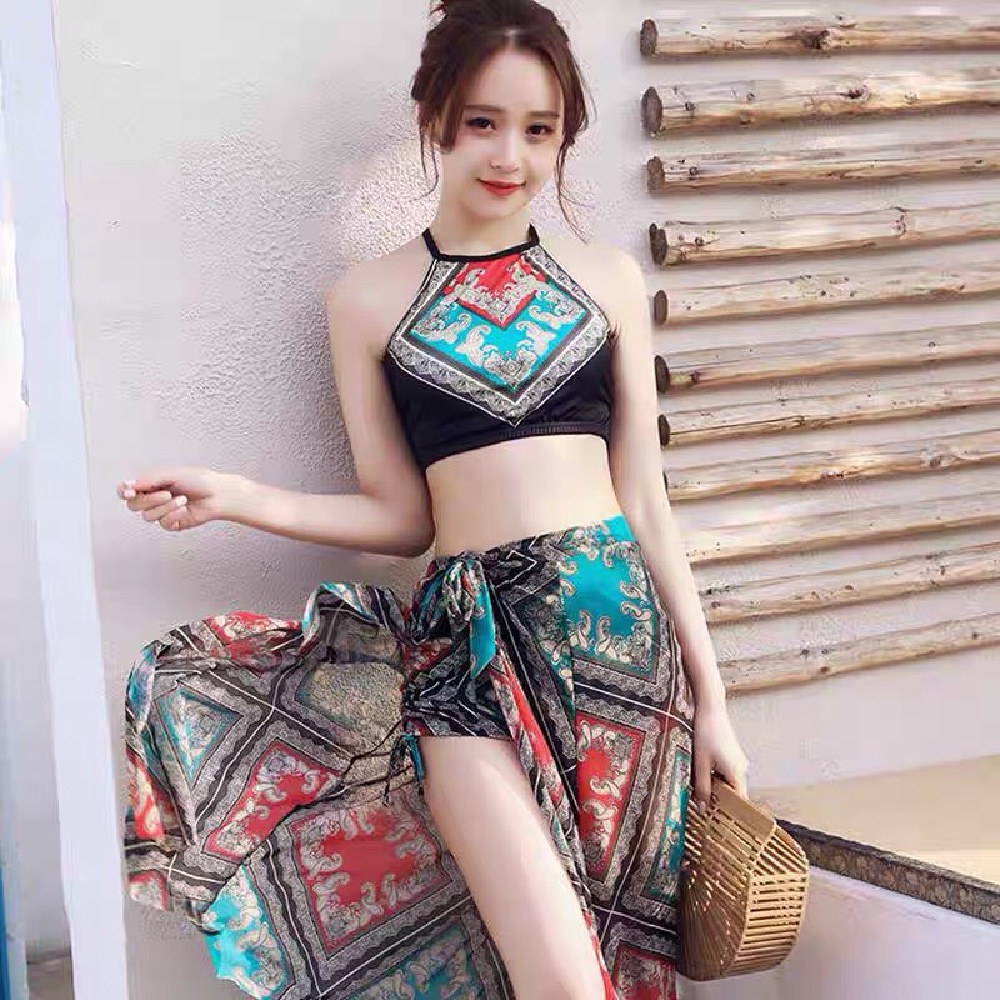 Bộ đồ bơi thổ cẩm 3 chi tiết - chất liệu thun,size cho các bạn từ 42-55kg,thích hợp đi biển, có miếng đệm ngực-BDB