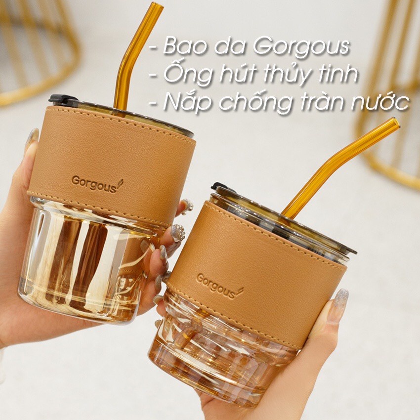 [ Hàng Loại 1 ] Cốc Thủy Tinh Bọc Da Sang Trọng 450ML - TẶNG Kèm Ống Hút Và Nắp Chống Tràn