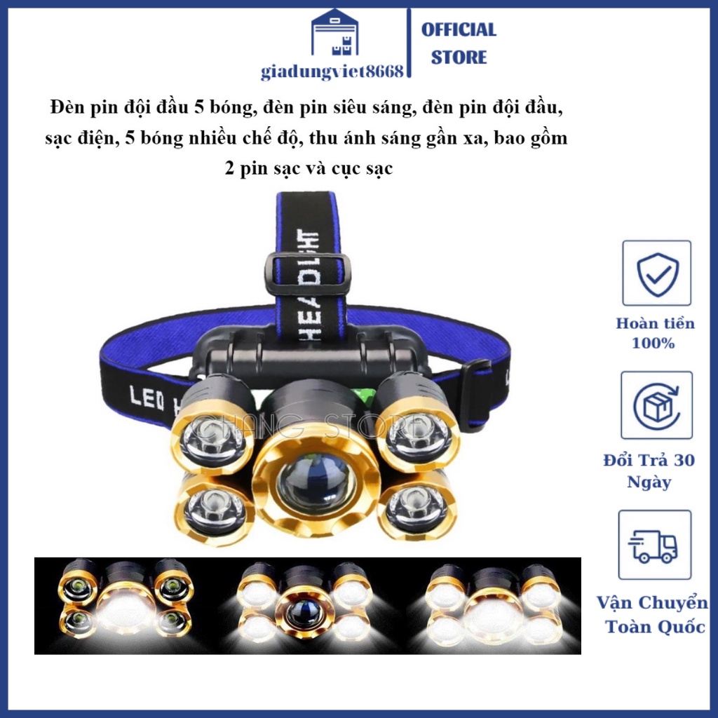 ĐÈN PIN ĐỘI ĐẦU 5 BÓNG LED SIÊU SÁNG