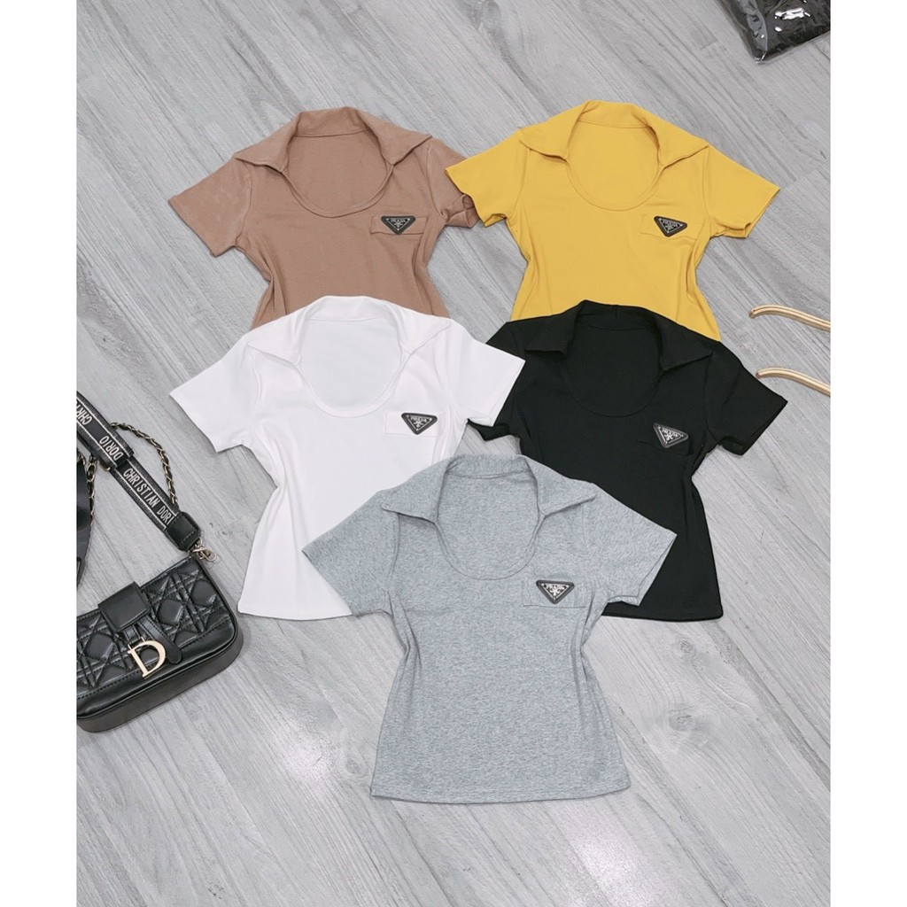 Áo kiểu cổ bẻ vạt bầu đính logo bên ngực cực xinh , chất thun bozip mềm mịn ( ảnh thật )