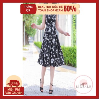 Đầm Sát Nách Cổ Vuông Dáng Xòe Họa Tiết Xếp Ly - Bigsale_Women