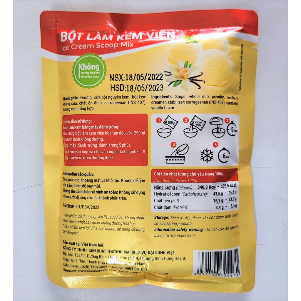 [Gói 100g – vị VANI ] BỘT LÀM KEM VIÊN [VN] BENUSCREAM Vanilla Ice Cream Scoop Mix
