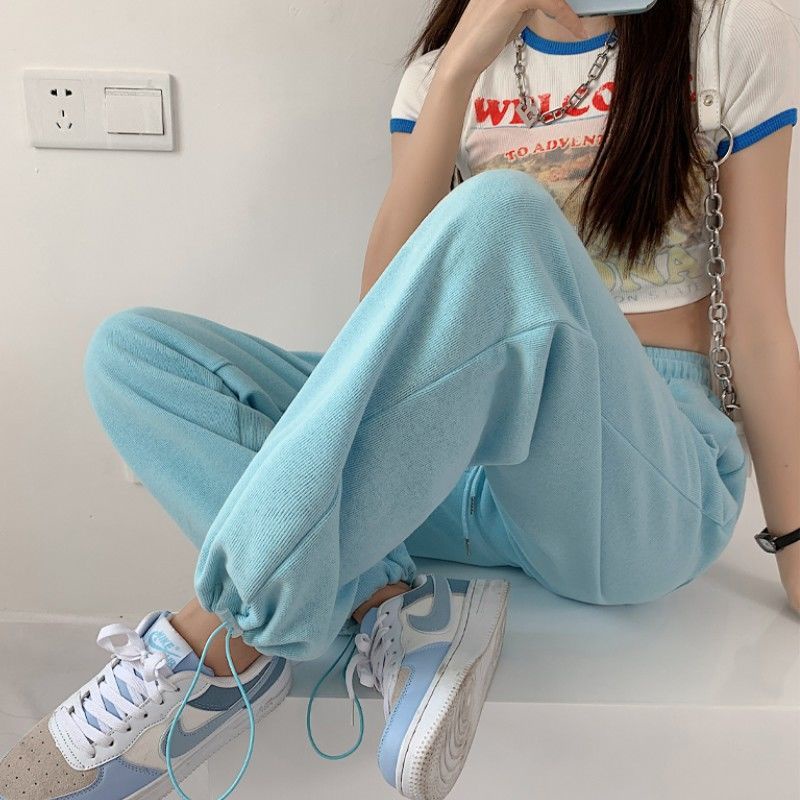 White Track Pants Women's Ankle-Tied Loose All-Match Fashion Straight Casual Sweatpants High Waist Drooping Wide Leg Pants Summer