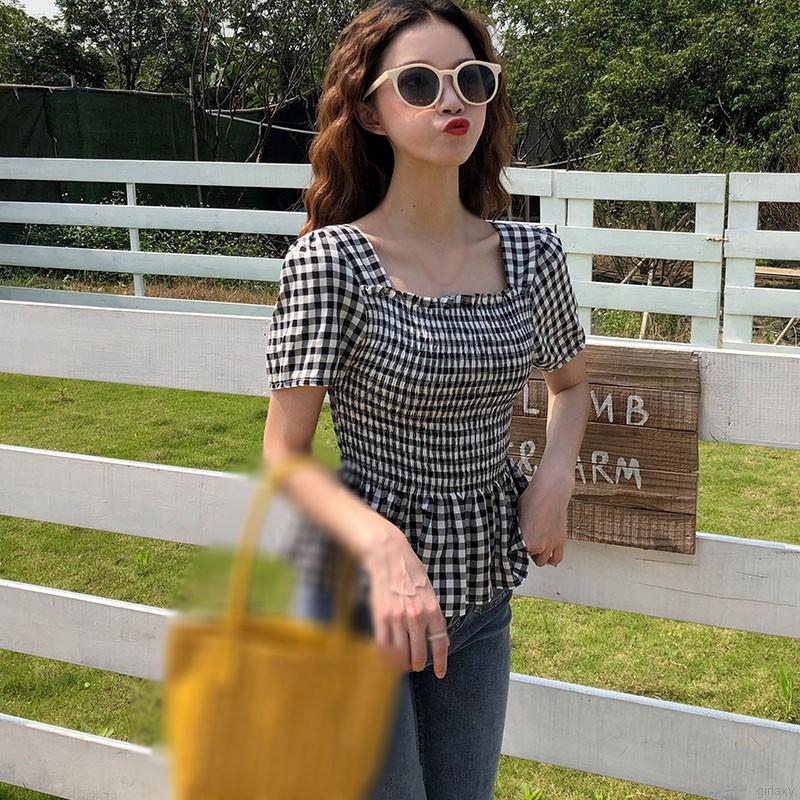 [Mã FAMAYWA giảm 10K đơn 50K] Áo Kiểu Tay Ngắn Cổ Vuông Hoạ Tiết Kẻ Sọc Phong Cách Hàn Quốc | BigBuy360 - bigbuy360.vn