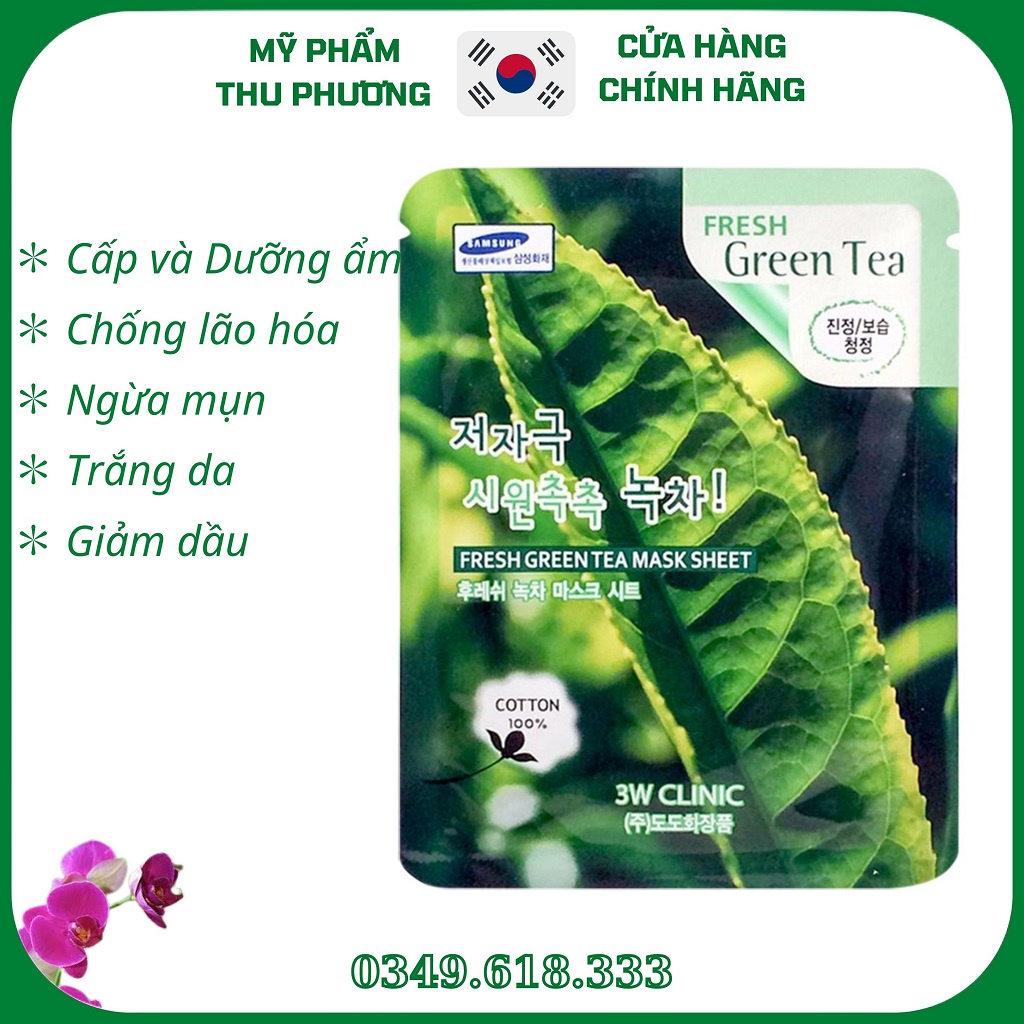 10 Mặt Nạ giấy Trà Xanh Dưỡng Da Thiên Nhiên Mỹ Phẩm Hàn Quốc Chính Hãng 3W Clinic Fresh Green Tea Mask Sheet