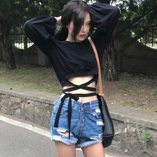Áo Crop top dài tay chun cột nơ dây quanh eo - by SSGz