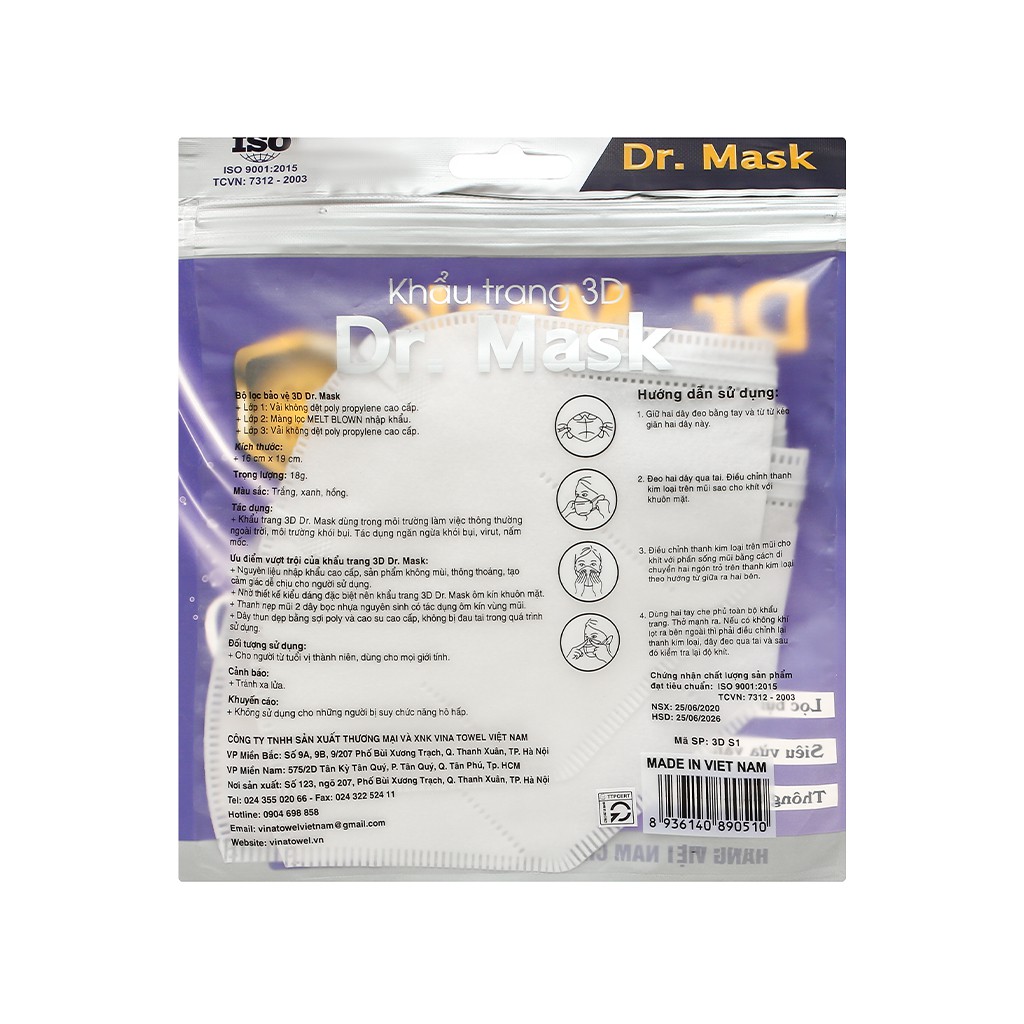 Khẩu trang 3D trắng - khẩu trang  3D Dr Mask  3 lớp kháng khuẩn- hàng Việt Nam chất lượng Quốc TẾ ( 5 c/ túi)