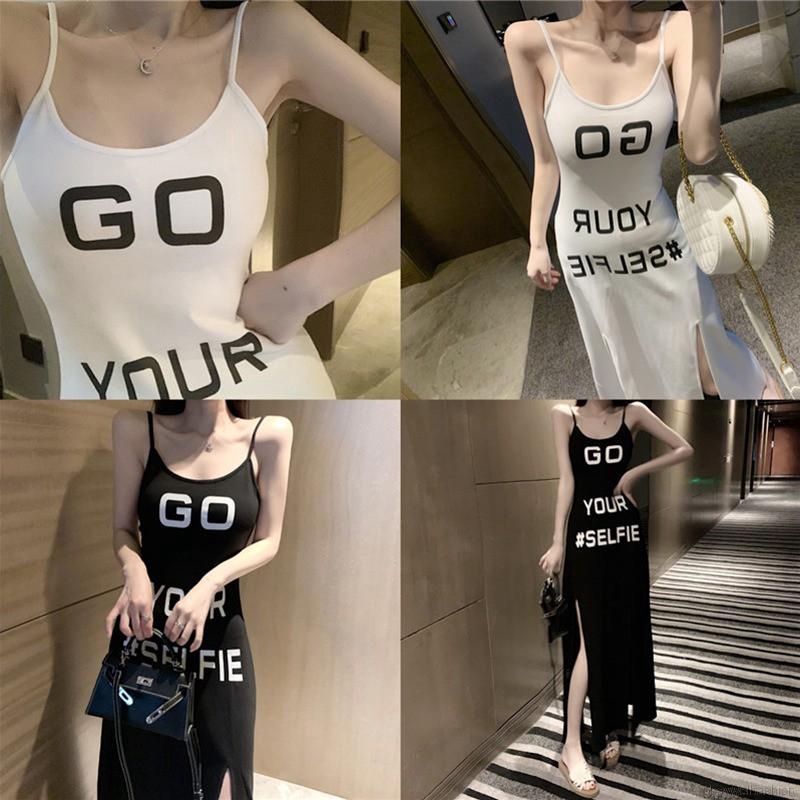 [Baywellfashion]Đầm sát nách dây mảnh hoạ tiết chữ thiết kế xẻ quyến rũ | BigBuy360 - bigbuy360.vn