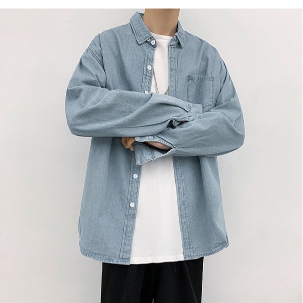 Áo sơ mi jean nam form rộng dài tay màu xanh trắng phong cách Hàn Quốc 2021 PON.MENS