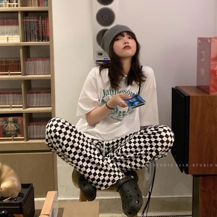 ☽Quần dài ống rộng họa tiết sọc caro cá tính cho nữ