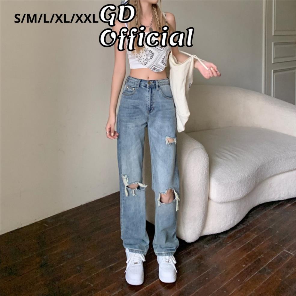 Q7|Quần bò jeans denim nữ rách vá cạp lưng cao ống rộng thụng baggy xuông thẳng S/M/L/XL/XXL GD Official New -