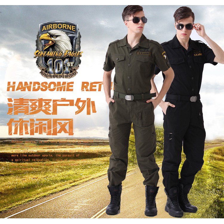 Bộ quần áo ngắn tay  nam kaki lính Mỹ - hàng cao cấp (đen) + Tặng thắt lưng vải lính (xanh/đen) | BigBuy360 - bigbuy360.vn