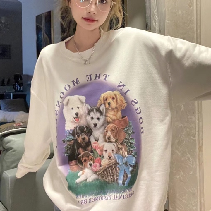 ZHELIHANGFEI Áo Nỉ Dáng Rộng In Hình Chú Chó Dễ Thương Dễ Phối Đồ