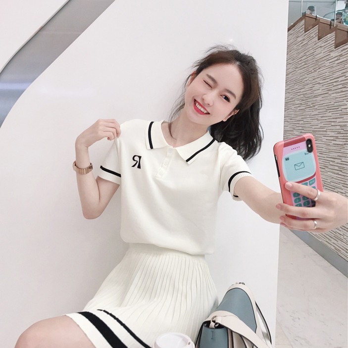 Set Trang Phục Xiaozhainv Áo Thun Cổ Bẻ Tay Ngắn + Chân Váy Chữ A Cạp Cao Đon Giản Thời Trang Cho Nữ | BigBuy360 - bigbuy360.vn
