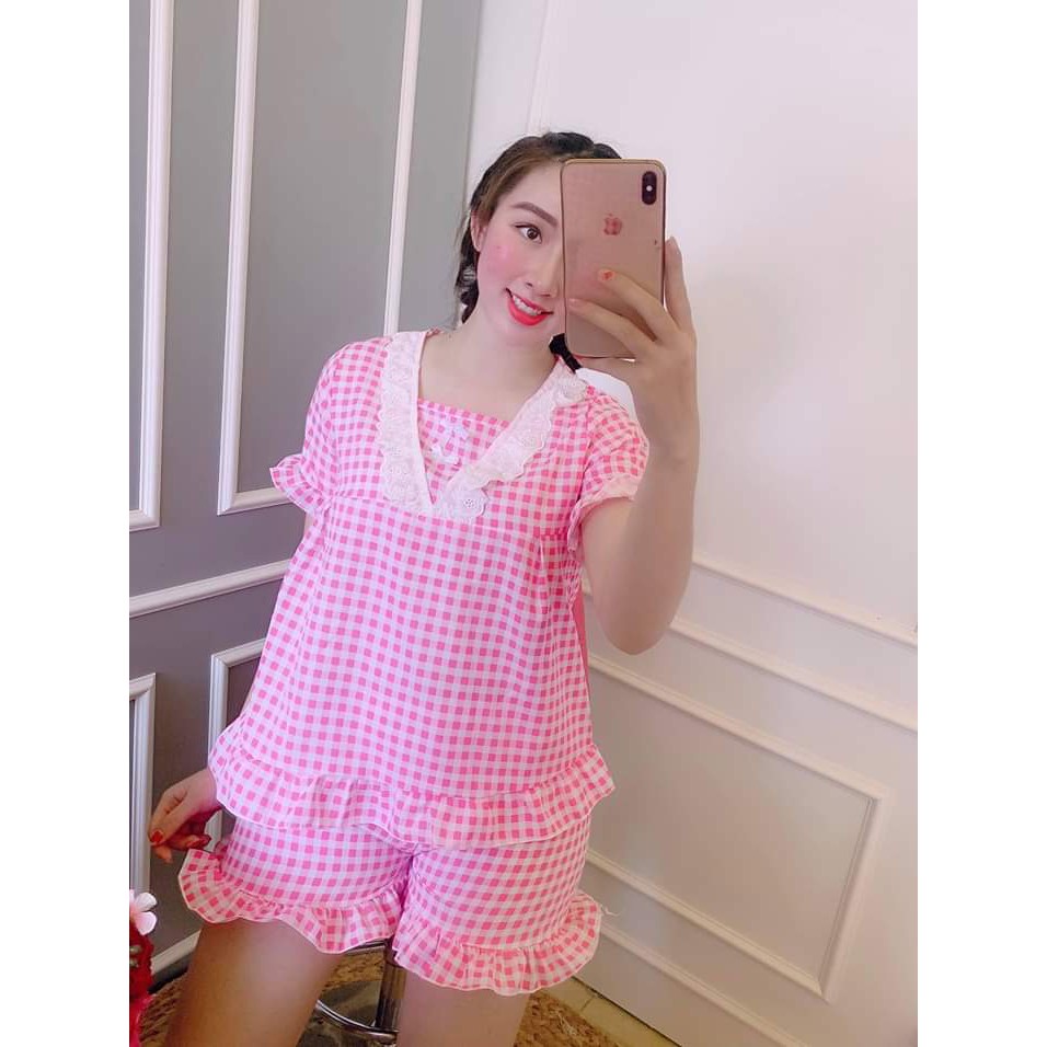 Bộ Ngủ Tiểu Thư Lụa Caro Phối Ren