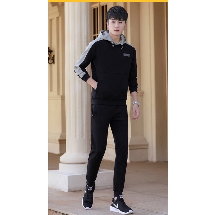 Bộ quần áo nam dài tay, bộ thu đông nam, áo hoodie và quần dài, vải nỉ da cá, đẹp, dày dặn mã T33