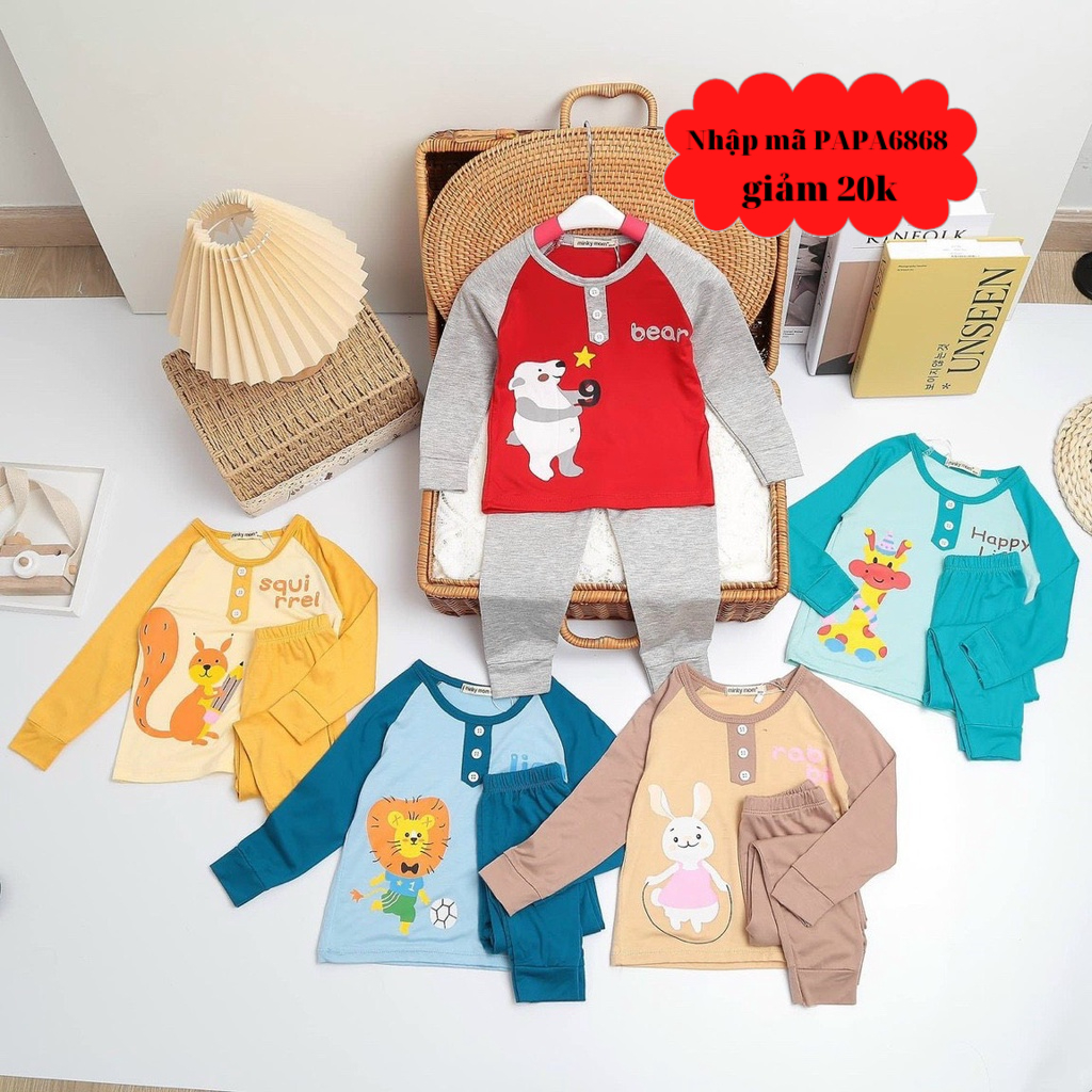 Bộ Dài Tay THUN LẠNH MINKY MOM Họa Tiết IN GẤU Cổ trụ Cho Bé, Bộ quần áo dài tay cho bé trai bé gái từ 5-18kg