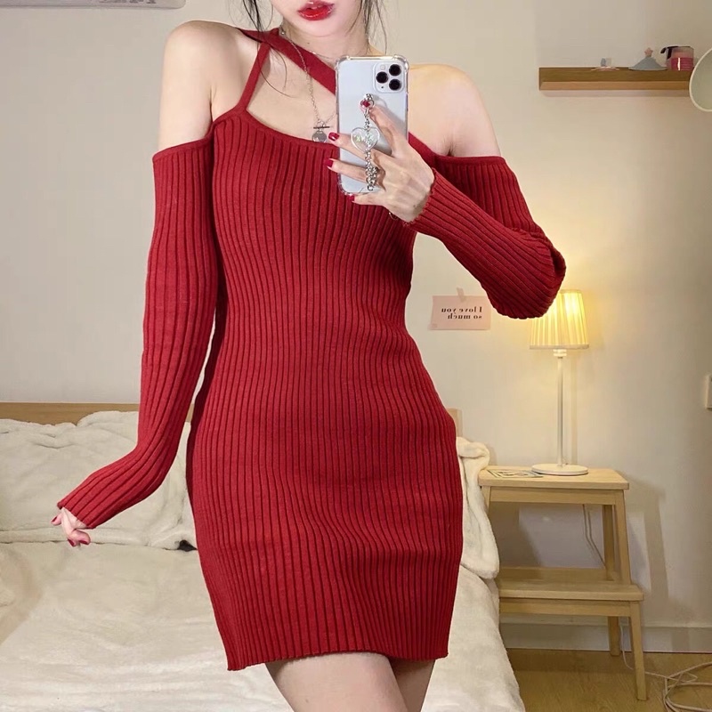 Đầm len nữ đỏ sexy lệch vai, bó sát hotgirl 2 màu đen, đỏ đi chơi lễ, Tết, Giáng Sinh