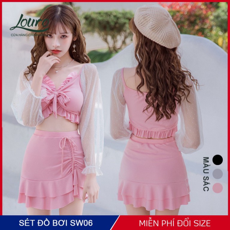 Áo bơi nữ 2 mảnh liền kín đáo Louro, kiểu bikini đi biển tay ngắn chun eo tay bồng phong cách đồ bơi hàn quốc - SW06 | BigBuy360 - bigbuy360.vn