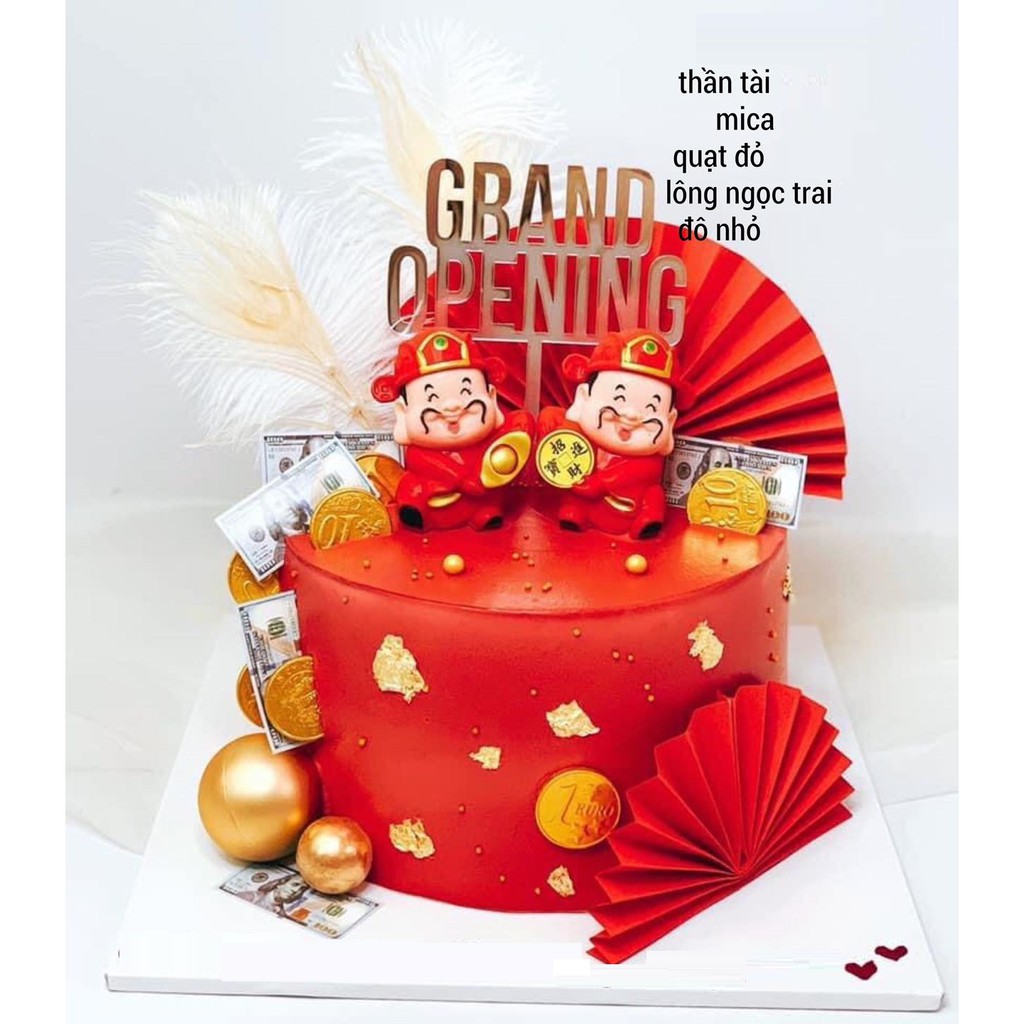 Combo Thần Tài mừng khai trương hồng phát trang trí bánh kem, cắm bánh gato