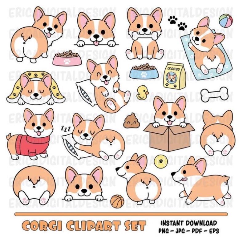 Bộ 100 sticker cún corgi cực kute dùng để trang trí điện thoại di động/ván trượt/vali không để lại dấu keo