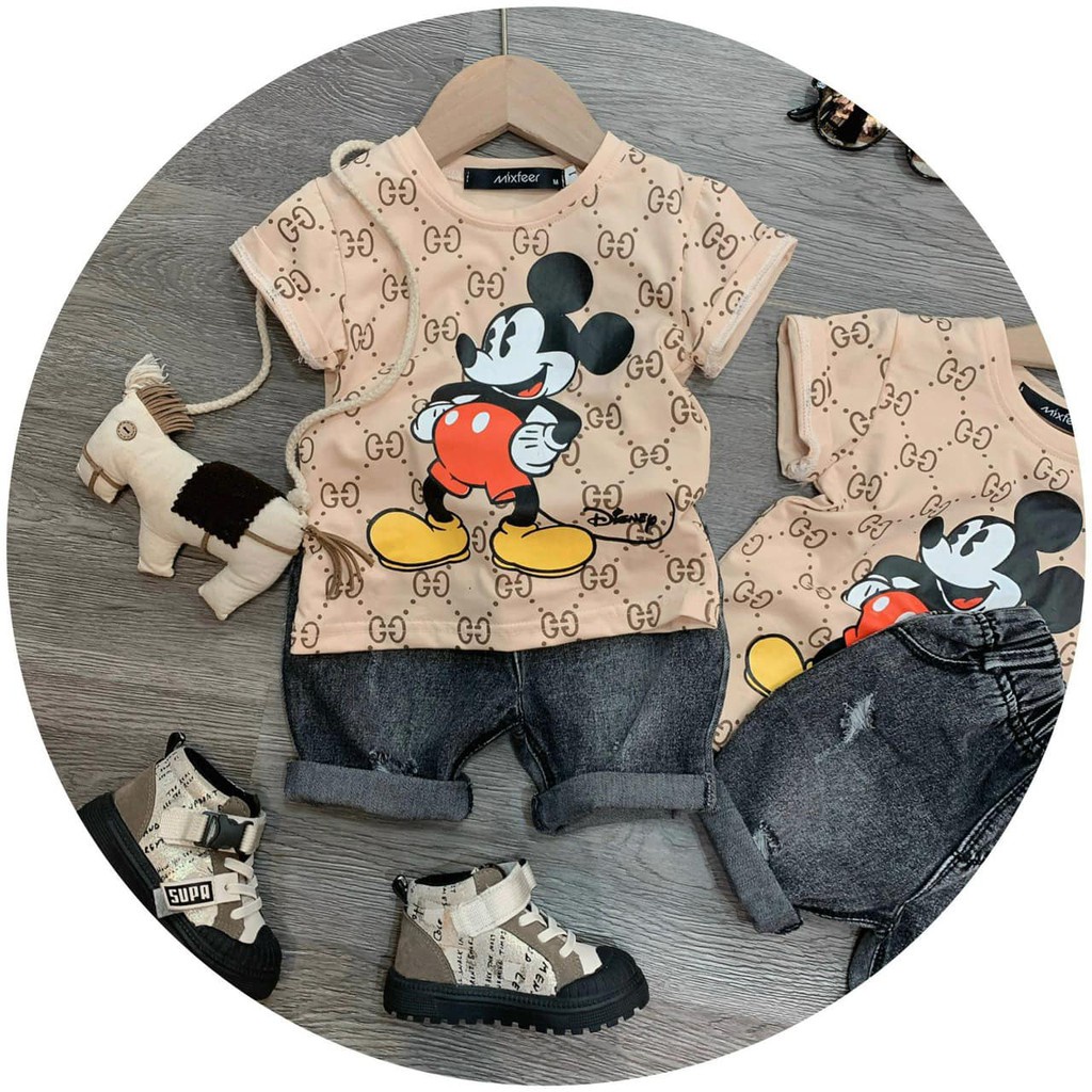 Bộ đồ cho bé gái bé trai đồ bộ áo Mickey mix quần Jean đen năng động JIMADO SL1482