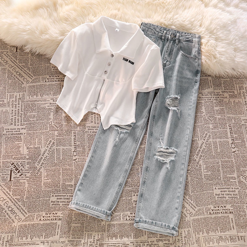 Set Áo Thun Ngắn Tay + Quần Jeans Lưng Cao Thời Trang Hè Hàn Quốc Mới 2022 Cho Nữ