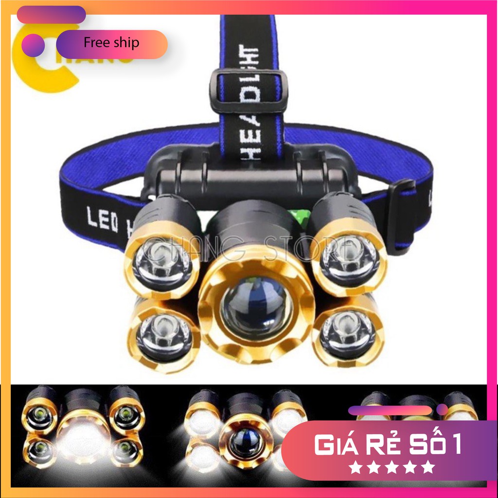 Đèn Pin Đội Đầu T6 5 Bóng Siêu Sáng Kèm Pin Sạc rẻ như bán sỉ 100% [COD.TOÀN QUỐC]