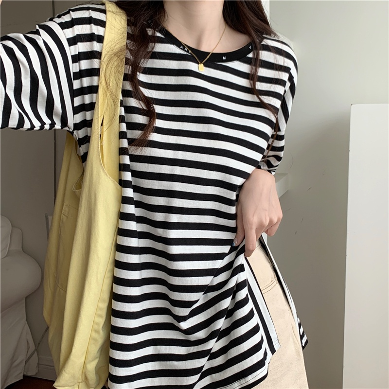 Áo Thun Ngắn Tay Cổ Tròn Họa Tiết Kẻ Sọc Phong Cách Hàn Quốc Thời Trang Mùa Hè Dành Cho Nữ