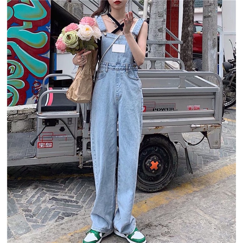 Quần yếm bò jeans ulzzang ống suông rộng / Yếm jeans áo liền quần ống rộng