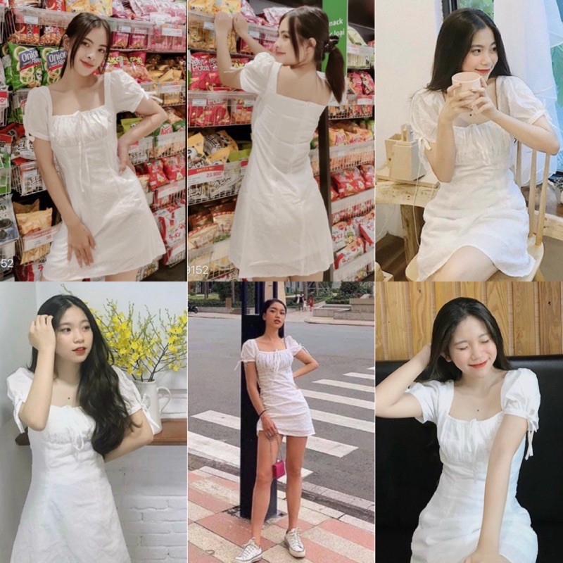 Đầm lệch vai Đầm Trắng Owen Dress váy xinh chất vải kate kèm lớp lót dày dặn tay bèo có dây thắt cột nơ kèm ảnh trải sàn