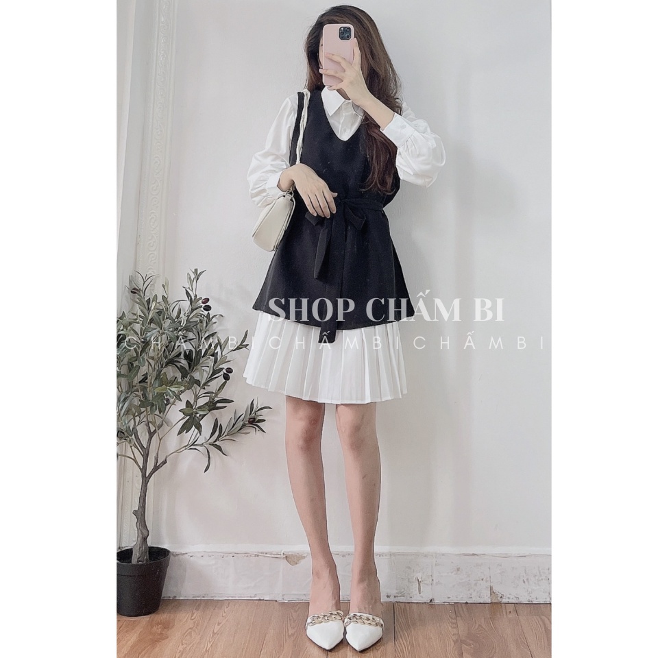 Set váy nữ tiểu thư V.090, Set váy sơ mi trắng dáng dài xếp ly chân và yếm đen cổ V thắt nơ eo cực xinh