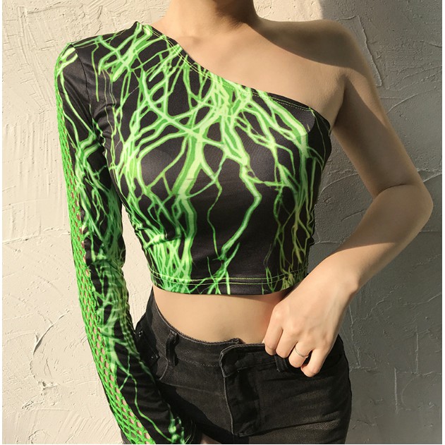 Áo Croptop tay dài ghép lưới màu xanh H127 - Hỉn Hỉn Store