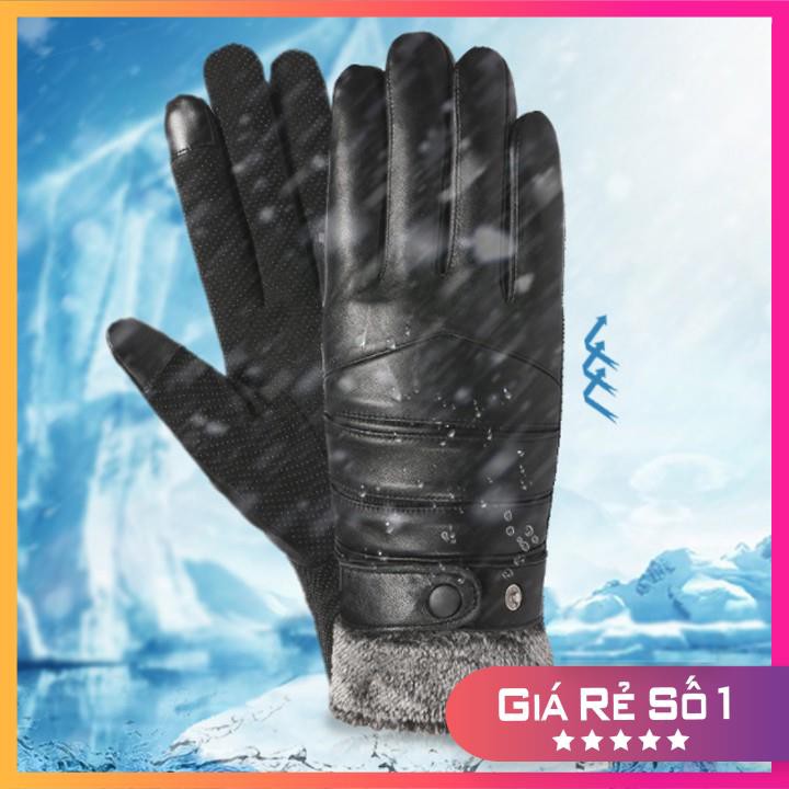 Găng tay da nam 𝐅𝐑𝐄𝐄𝐒𝐇𝐈𝐏 cổ lông cao cấp giữ ấm mùa đông chống nước cảm ứng ngón cực nhạy dáng basic + kèm ảnh thật