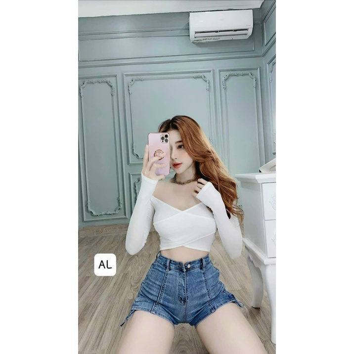 Áo Croptop Tay Dài Đắp Chéo Trễ Vai Ôm, thun borip xịn ạ ☺️☺️☺️Ng