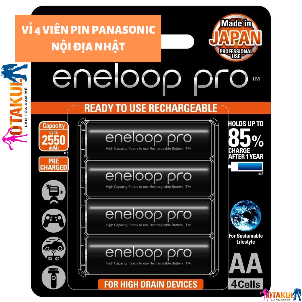 Vỉ 4 pin sạc AA Panasonic Eneloop Pro 2550mAh JAPAN - box nội địa (Đen)